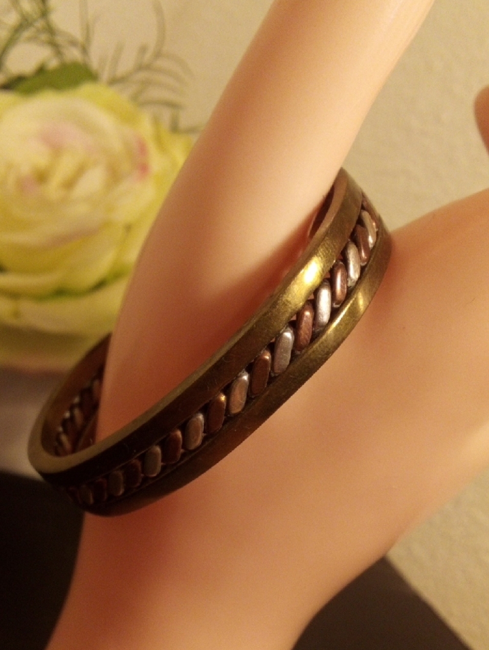 Vintage Tri Tone Mixed Metal Braided Cuff Bracelet Copper Brass Silver Tone